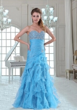 Organza Sweetheart Ruffles and Beading Prom Dress in Aqua Blue