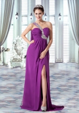 Sexy One Shoulder High Slit Beading and Ruching Prom Dress in Purple