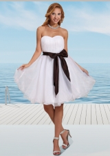 Simple White Organza Sweetheart Prom Dress with Ruching and Sash