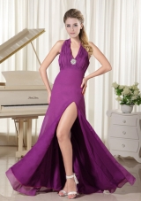 2015 Halter Top Deep V Neck Purple Prom Dress with High Slit