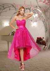 2015 Hot Pink A-line Paillette Sweetheart High Low Prom Dress