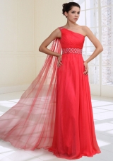 Gorgeous Empire Beading One Shoulder Prom Dress in Coral Red