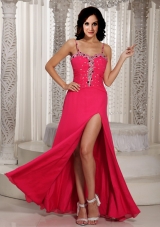 High Slit Beaded Spaghetti Straps  Chiffon Prom Dress in Coral Red