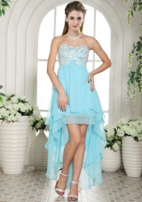 Modest Sweetheart High Low Appliques Aqua Blue Chiffon Prom Dress