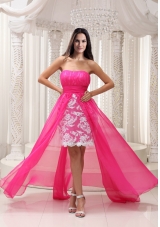 Pleating High Low Hot Pink Sashed Strapless Prom Dress with Lace