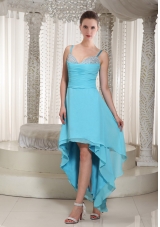 Spaghetti Straps Aqua Blue Chiffon High Low Prom Dress with Beading
