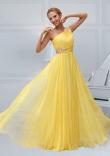 Yellow Chiffon One Shoulder Empire Beading and Ruching Prom Dress
