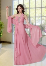 Cheap Beading One Shoulder Empire Prom Dress in Pink