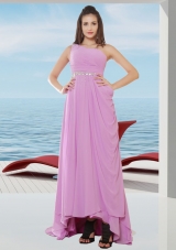 Chiffon Empire One Shoulder Lavender Prom Dress with Ruching and Beading