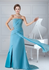 Column Strapless Aqua Blue Chiffon Beading and Ruching Prom Dress with Brush Train