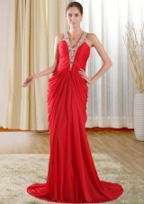 Fashionable Halter Beading Red Prom Dress with Chapel Train