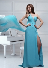 Hot Sale One Shoulder Watteau Train Column Prom Dress in Aqua Blue