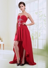 Red Sweetheart High Low Prom Dress with Beading and Ruching