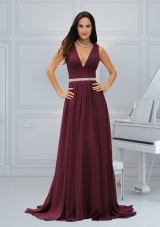 Sexy Burgundy Empire Chiffon Prom Dress with Brush Train