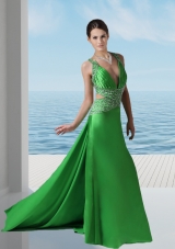 Sexy Spring Green V-neck Prom Dress with Beading and Ruching