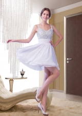 2015 Straps Beading Chiffon Mini Length Prom Dress in White
