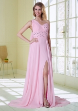 Elegant Pink One Shoulder Prom Dress with Beading and Watteau Train