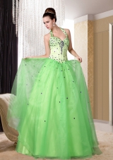 Good Looking Halter A Line Floor Length Beading Prom Dress in Spring Green