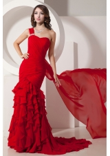 Red Mermaid Watteau Train Ruffled Layers  Gorgeous Chiffon Prom Dress with One Shoulder