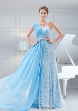 Suitable Empire Brush Train Baby Blue One Shoulder Beading Prom Dress