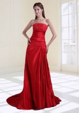 2015 Column Strapless Beading Ruching Prom Dress with Court Train