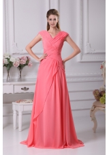 2015 Elegant Watermelon Ruching V Neck Cap Sleeves Long Prom Dress