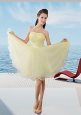 A Line Strapless Mini Length Organza Beading Prom Dress in Light Yellow