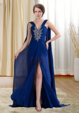 Chiffon Royal Blue Beaded and Ruched Prom Formal Dress with Watteau Train