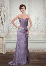 Column Sweetheart Special Fabric and Chiffon Prom Dress with Beading and Brush Train