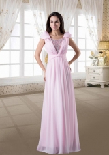 Discount Empire Scoop Beading Pink Prom Dress with Cap Sleeves