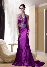 Eggplant Purple Halter Beading and Appliques Prom Dress with Brush Train