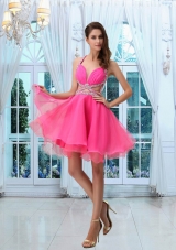 Hot Sale Halter Mini Length Beading Prom Dress in Hot Pink