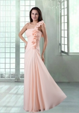 Peach One Shoulder Floor Length Prom Dress with Hand Made Flowers