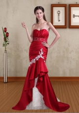 Sexy Mermaid Appliques and Beading Brush Train Red Prom Dress