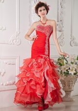 2015 Gorgeous Red Mermaid Sweetheart Beading Organza Evening Dress