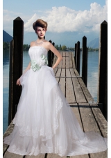 2014 A Line Appliques Wedding Dresses with Hand Made Flower