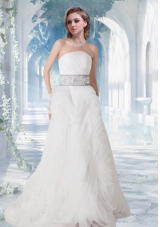 2014 Pretty Strapless Brush Train Beading Wedding Dress