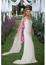 Column One Shoulder Beading Bridal Dresses with Watteau Train