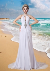 Elegant High Neck Beading Beach Wedding Dress with Court Train