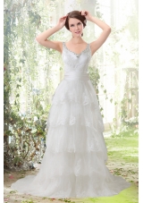 Lace Column Scoop Ruffled Layers Wedding Dresses with Brush Train