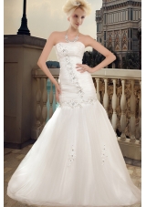 Wonderful Strapless A Line Chapel Train Wedding Dress with Beading