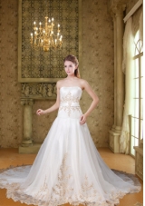 2015 Affordable Strapless Chapel Train Embroidery Wedding Dresses
