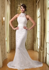Beautiful Mermaid High Neck Court Train Lace Appliques Wedding Dress