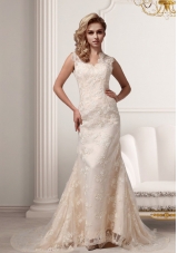 Champagne Lace V neck Court Train Clasp Handle Wedding Dresses