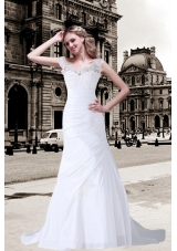 Column V Neck Appliques Lace Wedding Dress with Brush Train