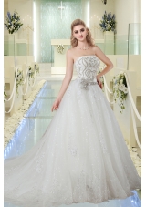 Discount Strapless Beading Wedding Dress with Chapel Train