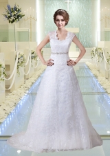 Elegant Lace V Neck Beading Wedding Dresses with Court Train