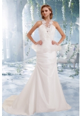 Garden Mermaid Appliques Brush Train Wedding Dresses with High Neck
