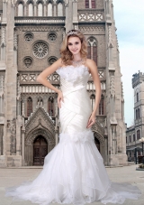 Mermaid Strapless Court Train Hand Made Flower Wedding Dresses