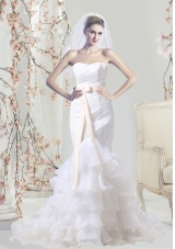 Mermaid Sweetheart Lace Wedding Dress with Sash and Ruffles Layered